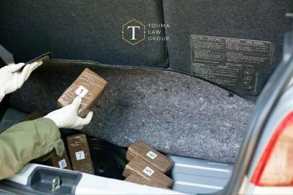 a person in gloves pulling numbered bricks of illegal drugs from a hidden compartment in a car trunk.