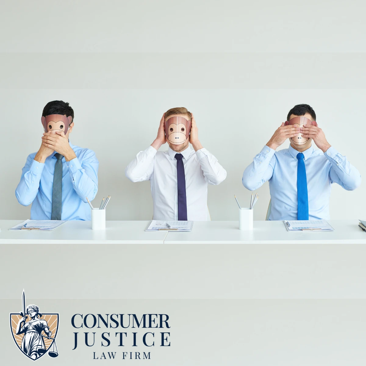 Three corporate guys wear masks and block their eyes, ears, and mouths, implying that without credit lawyers, credit bureau disputes get ignored.