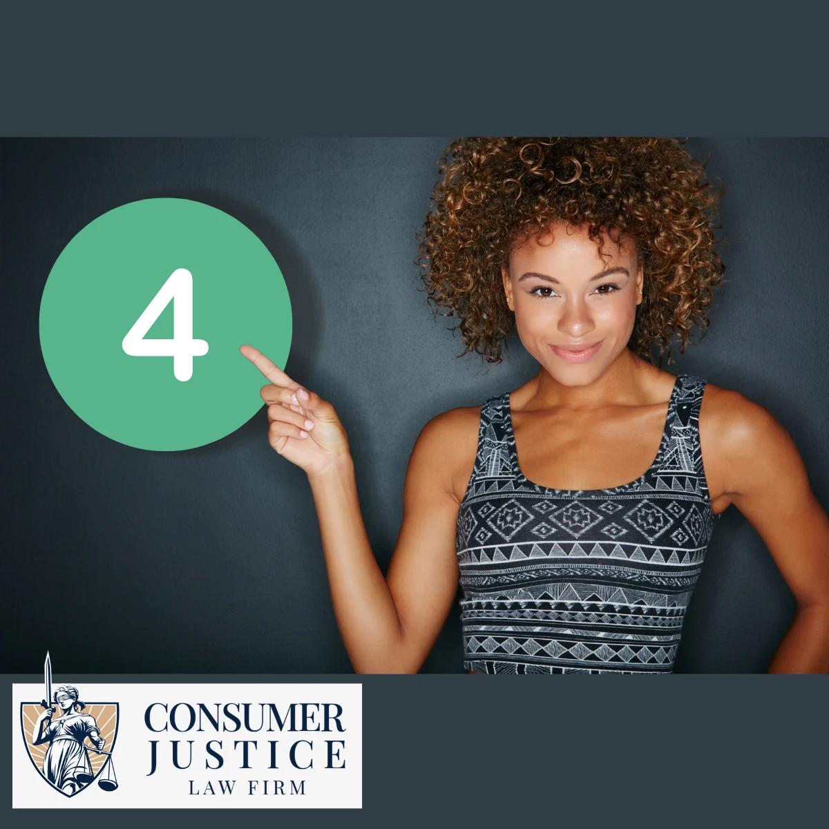 A woman points at the number four, implying there are four important things to think about before hiring a wrongful termination lawyer.