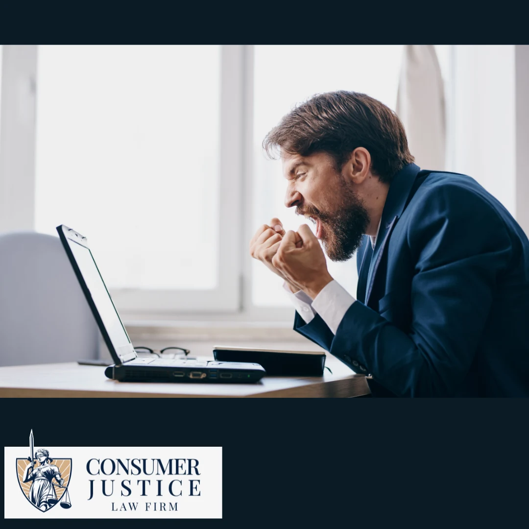 A frustrated man clenches his fists and yells at his computer screen. It implies that Sterling background check errors take a huge personal toll.