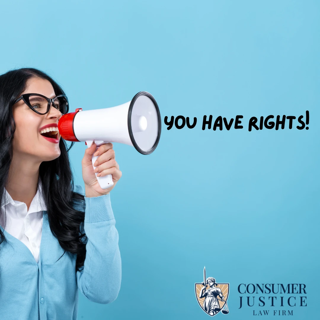 A woman shouts through a megaphone that you have rights. It conveys that an FCRA lawyer can help fix credit report errors.