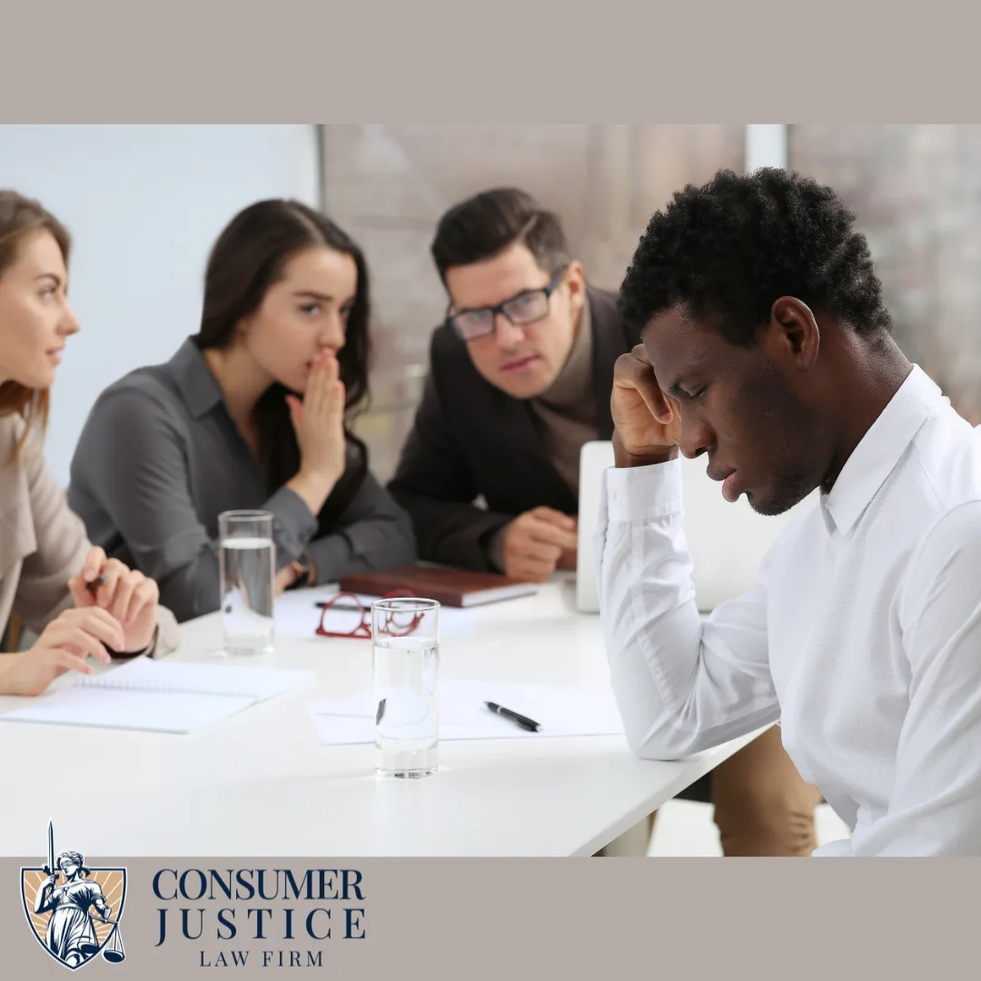 Colleagues whisper about an employee of a different race. It conveys that better conditions are possible with a race discrimination lawyer.