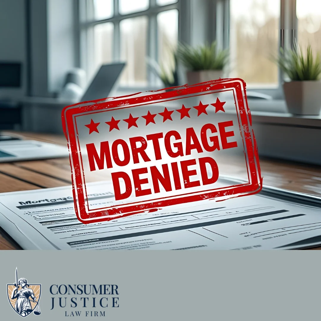 Mortgage Denied is stamped on a loan application. It conveys that legal help is necessary.
