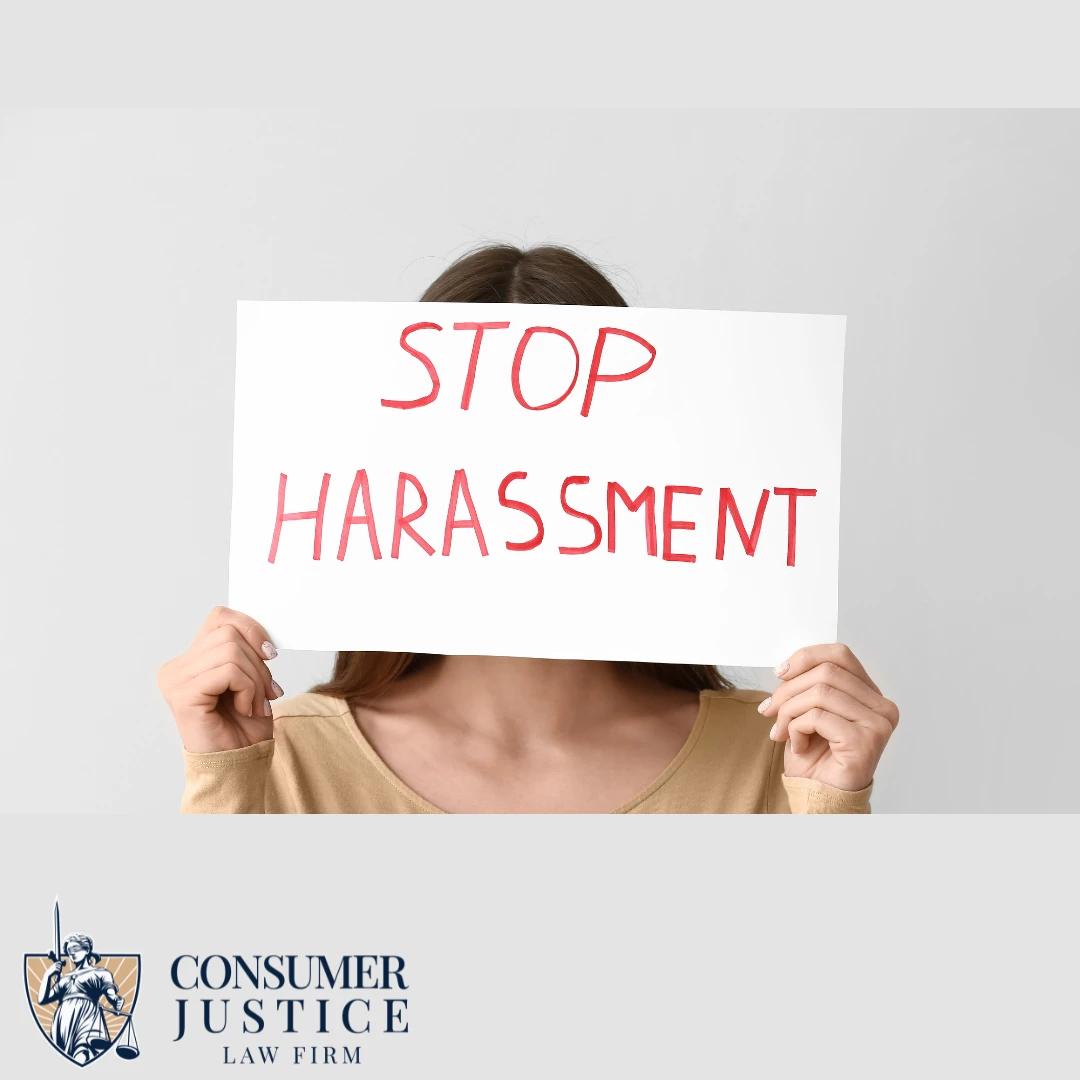 A woman holds a sign about stopping harassment. It conveys that debt collector harassment can be overwhelming.