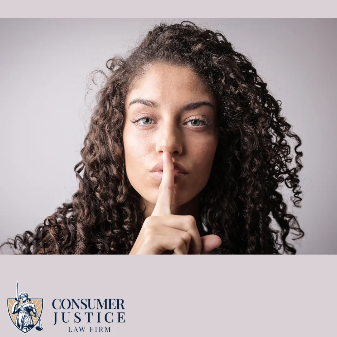 A woman holds her finger up, revealing she knows a secret. It conveys that there's a secret to credit bureau lawsuits.