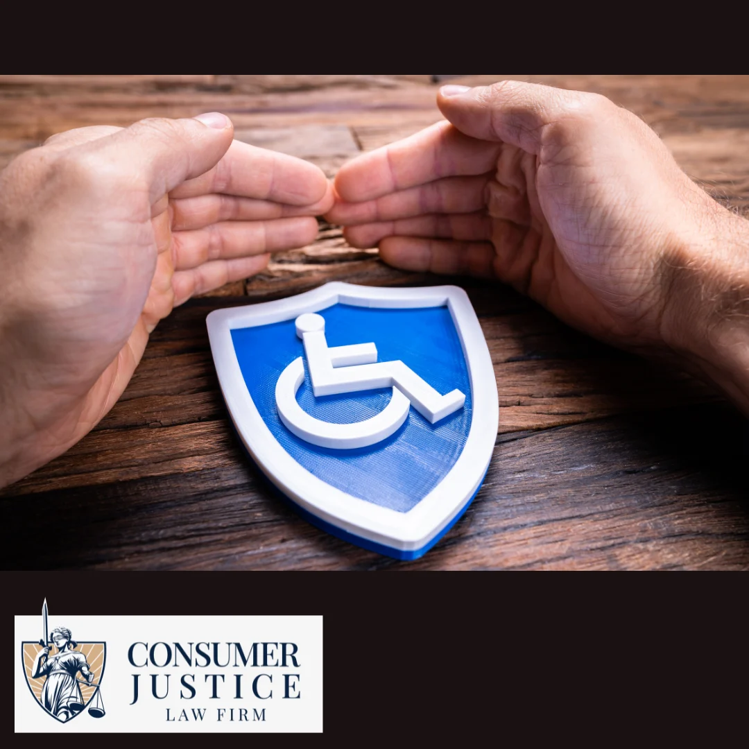 Hands shield the international symbol of access. It conveys that a disability discrimination lawyer protects you.