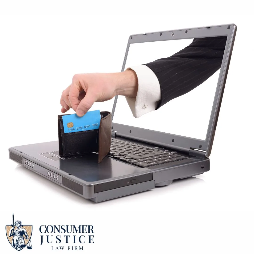 A hand reaches out from a computer, stealing a credit card. It conveys how easy it is to be a victim of identity theft.