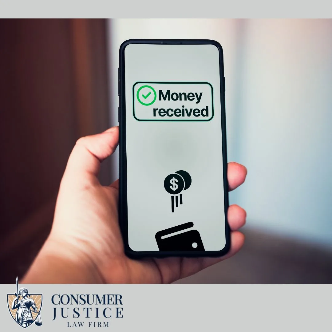 A money app shows that money was received. It conveys that an EFTA lawyer helps with electronic transfers.