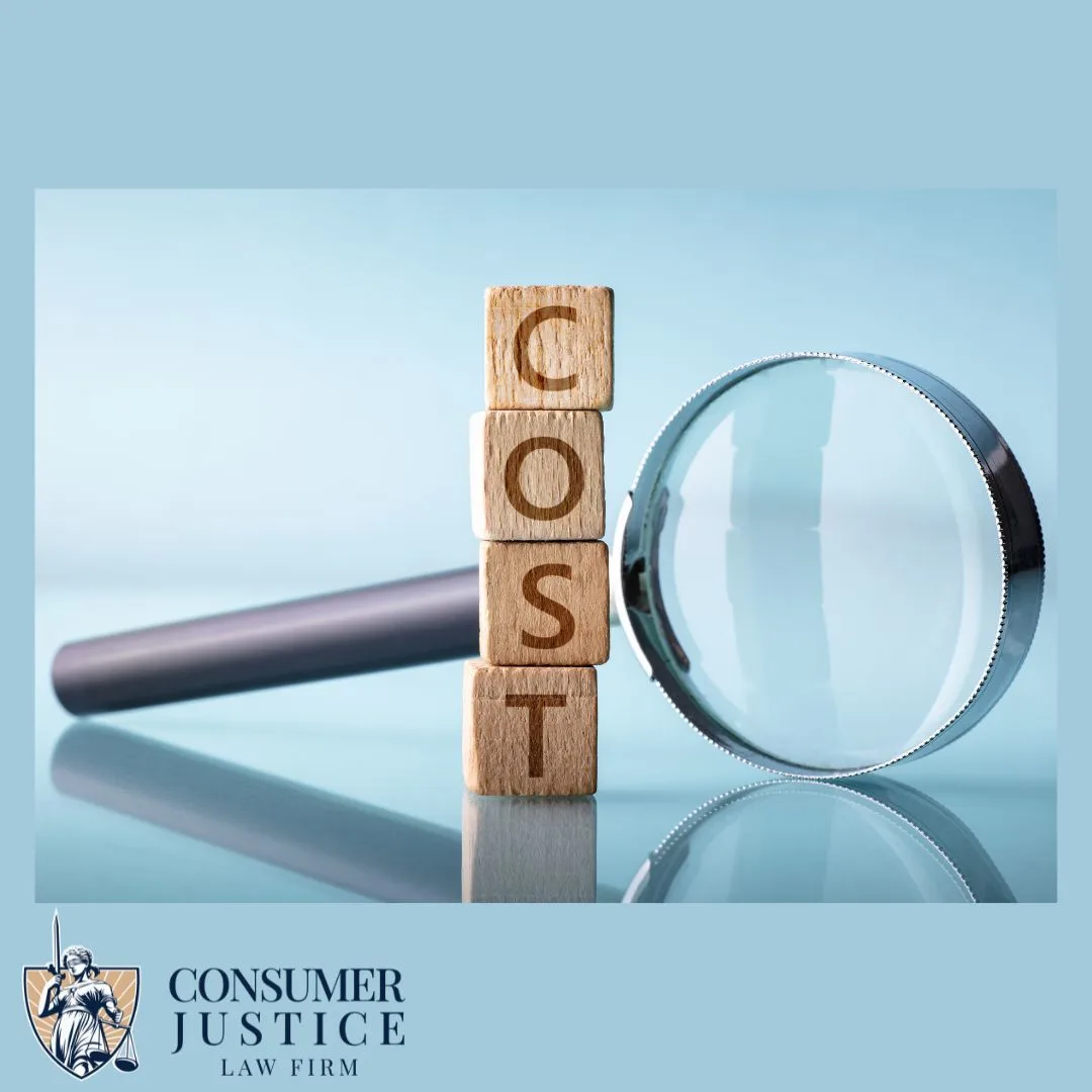 The word cost and a magnifying glass convey the need to know the cost of a consumer protection lawyer.