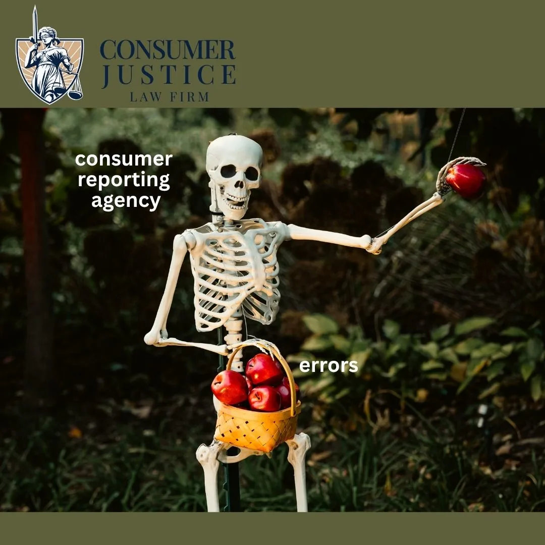 A skeleton picks apples. It conveys that a consumer reporting agency is carefree about errors.