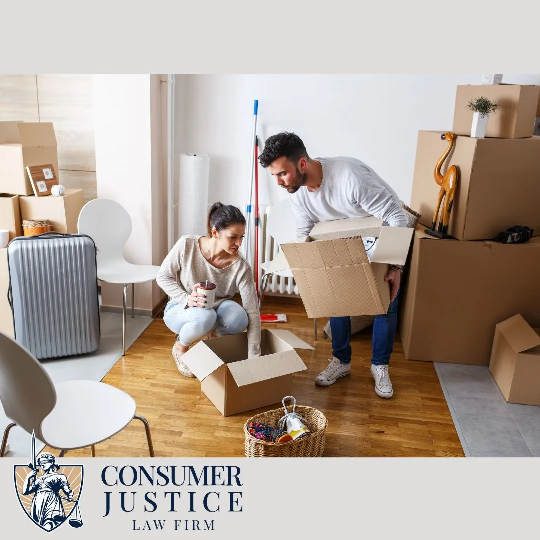 A couple unpacks boxes in a new rental. It conveys that clearing errors on a TransUnion SmartMove report is critical.