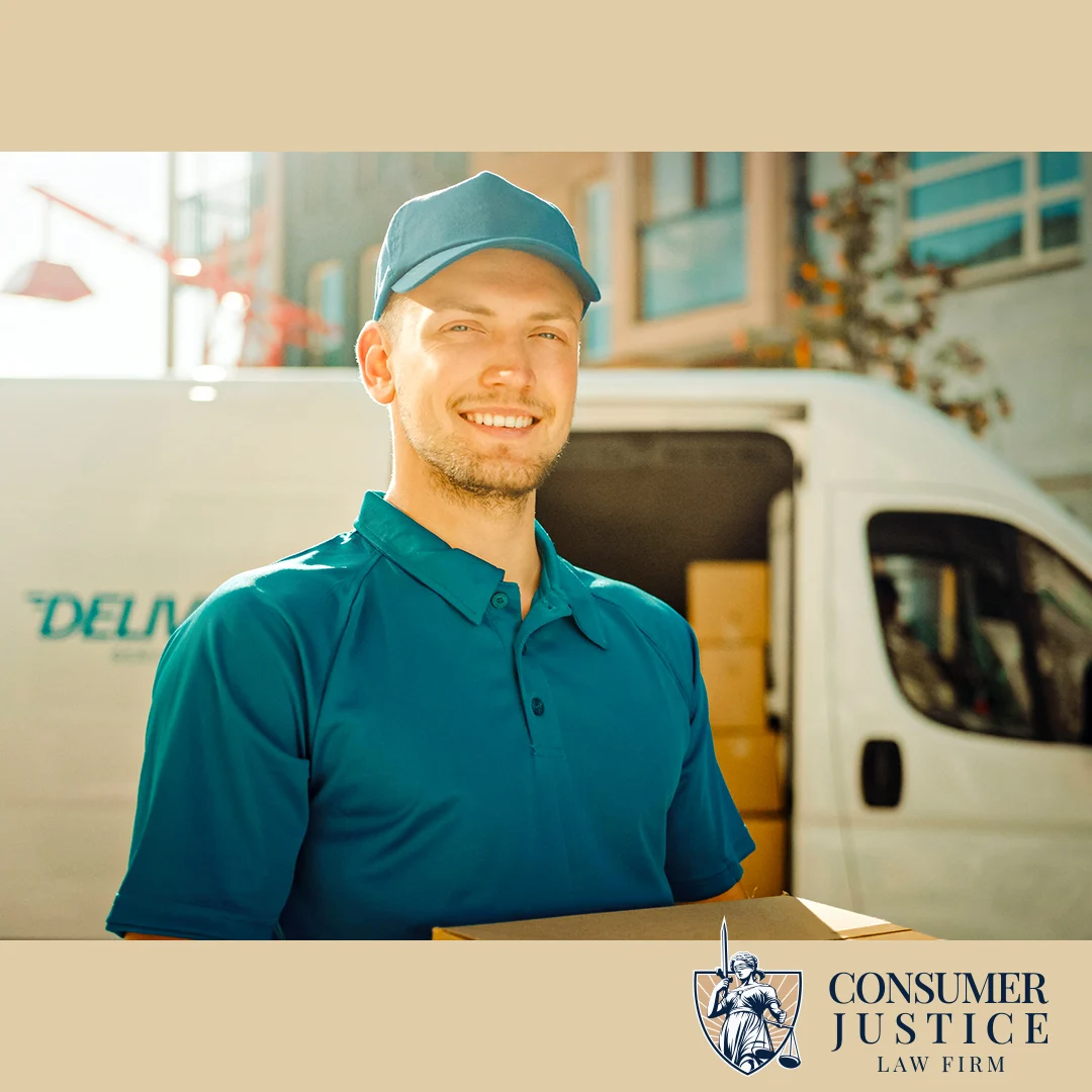 A smiling driver stands near a delivery truck, representing delivery driver jobs.