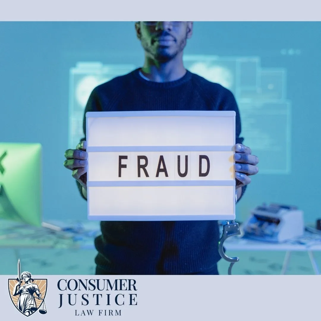 Un hombre sostiene un cartel con la palabra «FRAUDE», transmitiendo la necesidad de un abogado especializado en fraudes al consumidor.