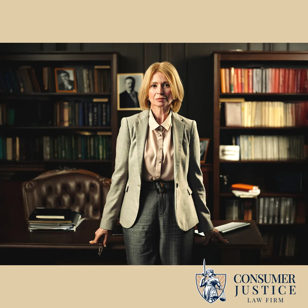 A debt collection lawyer stands at here desk, ready to help.