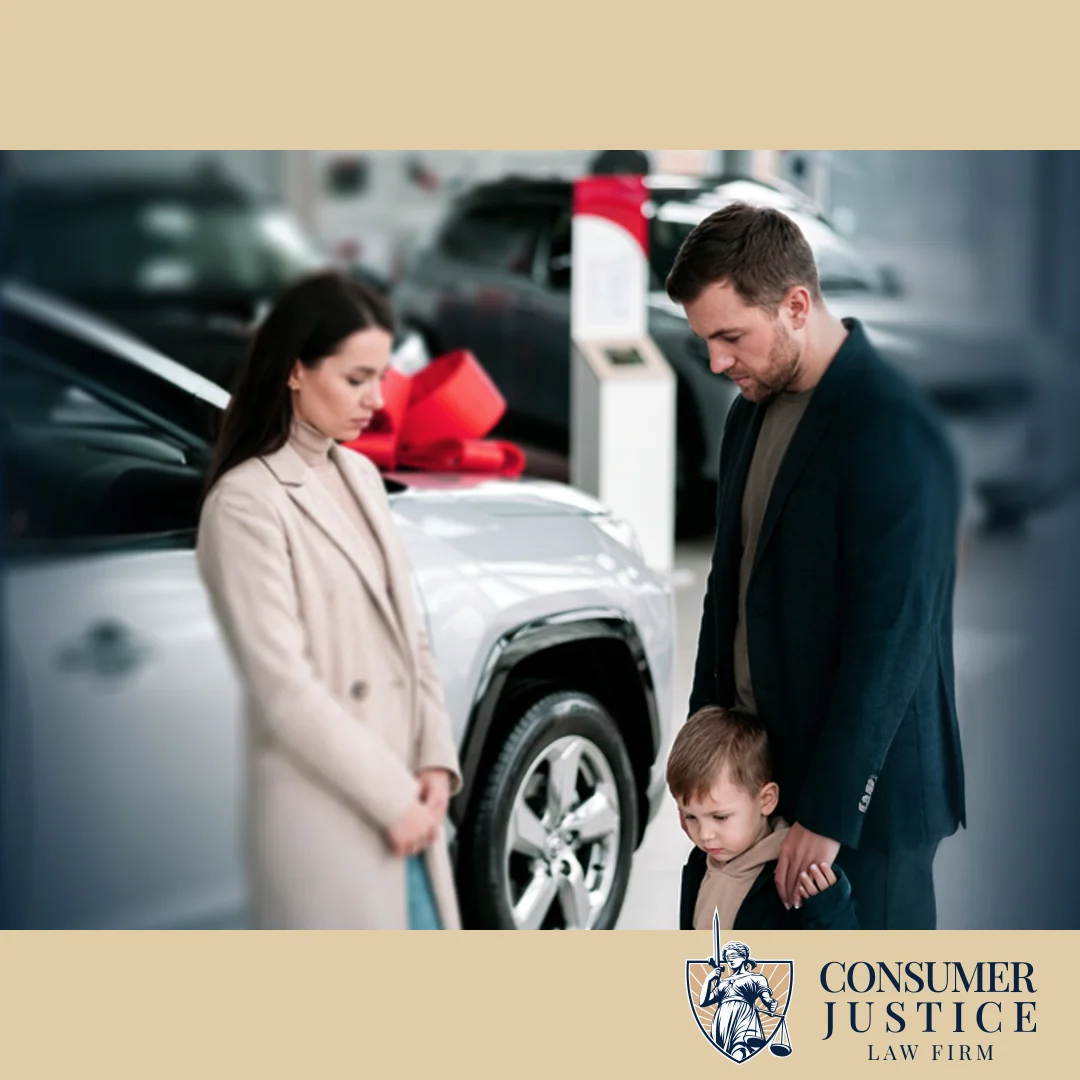 A family looks sad at a car dealership after a credit report error got them denied.