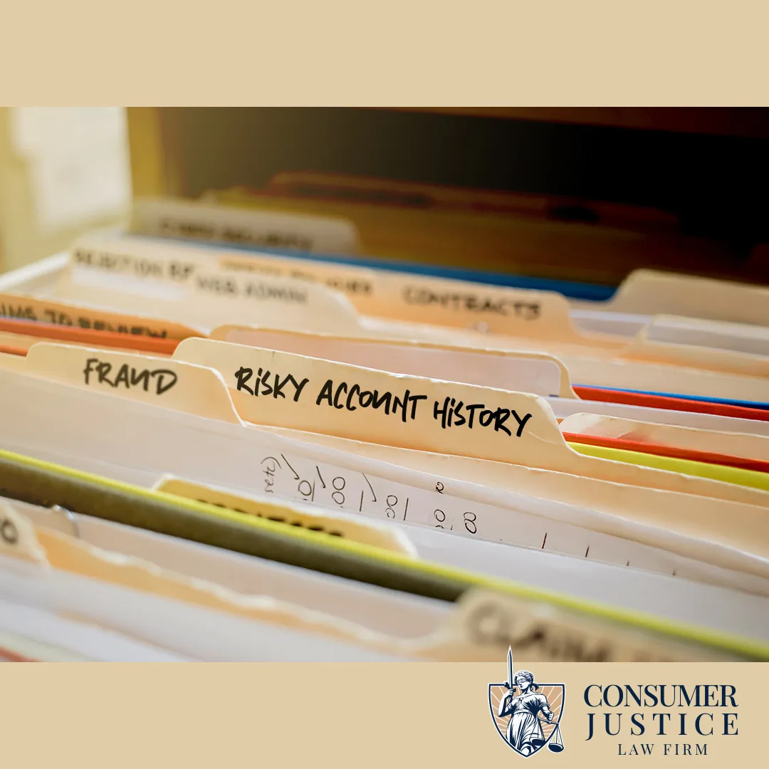 A file drawer shows folders containing fraud warnings. It conveys what an EWS report might contain.