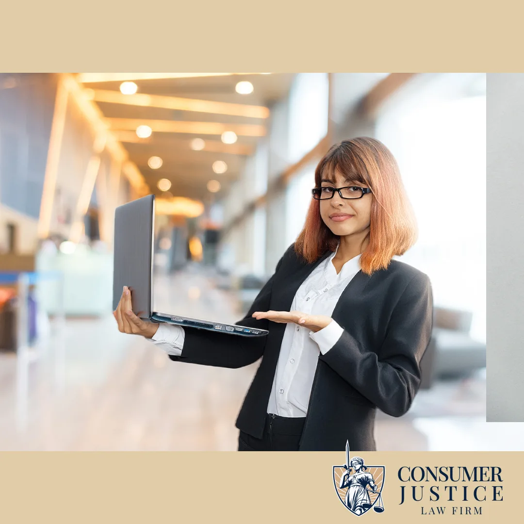 A woman points to her laptop, implying that checking annualcreditreport.com is important.