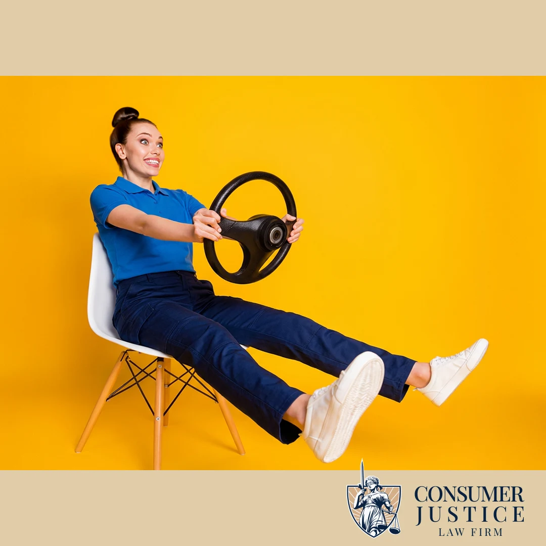 An Amazon Flex driver sits in a chair, holding a steering wheel, without a truck. It conveys that errors unfairly steal jobs.