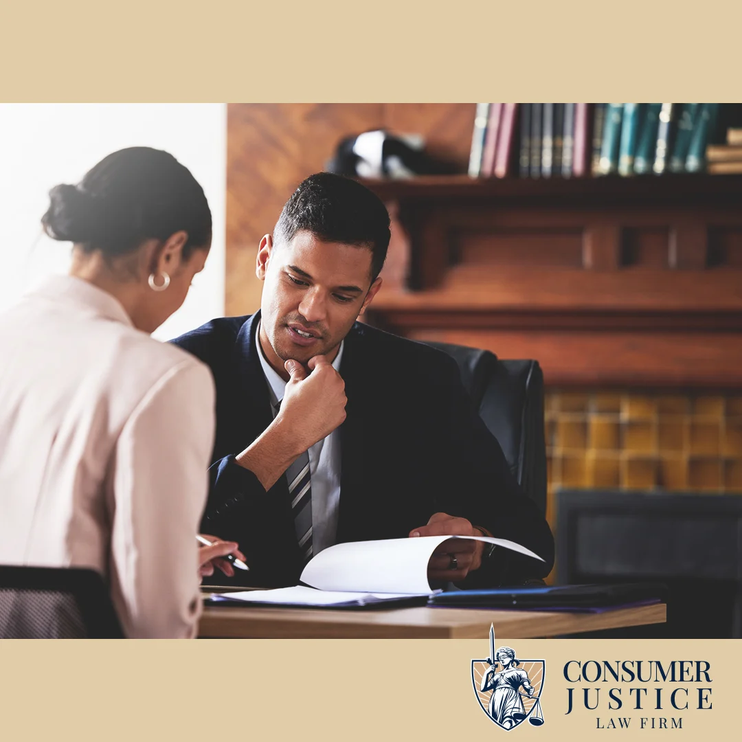 A consumer litigaton lawyer counsels a client in his office.