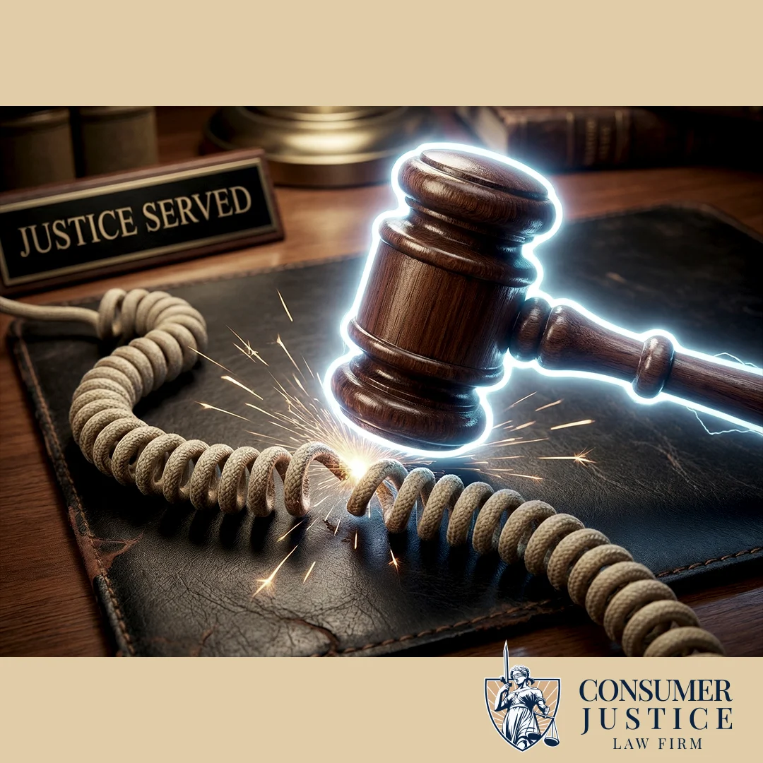 An electrified gavel hammers apart a phone cord. It conveys that the law can end abusive debt collection.