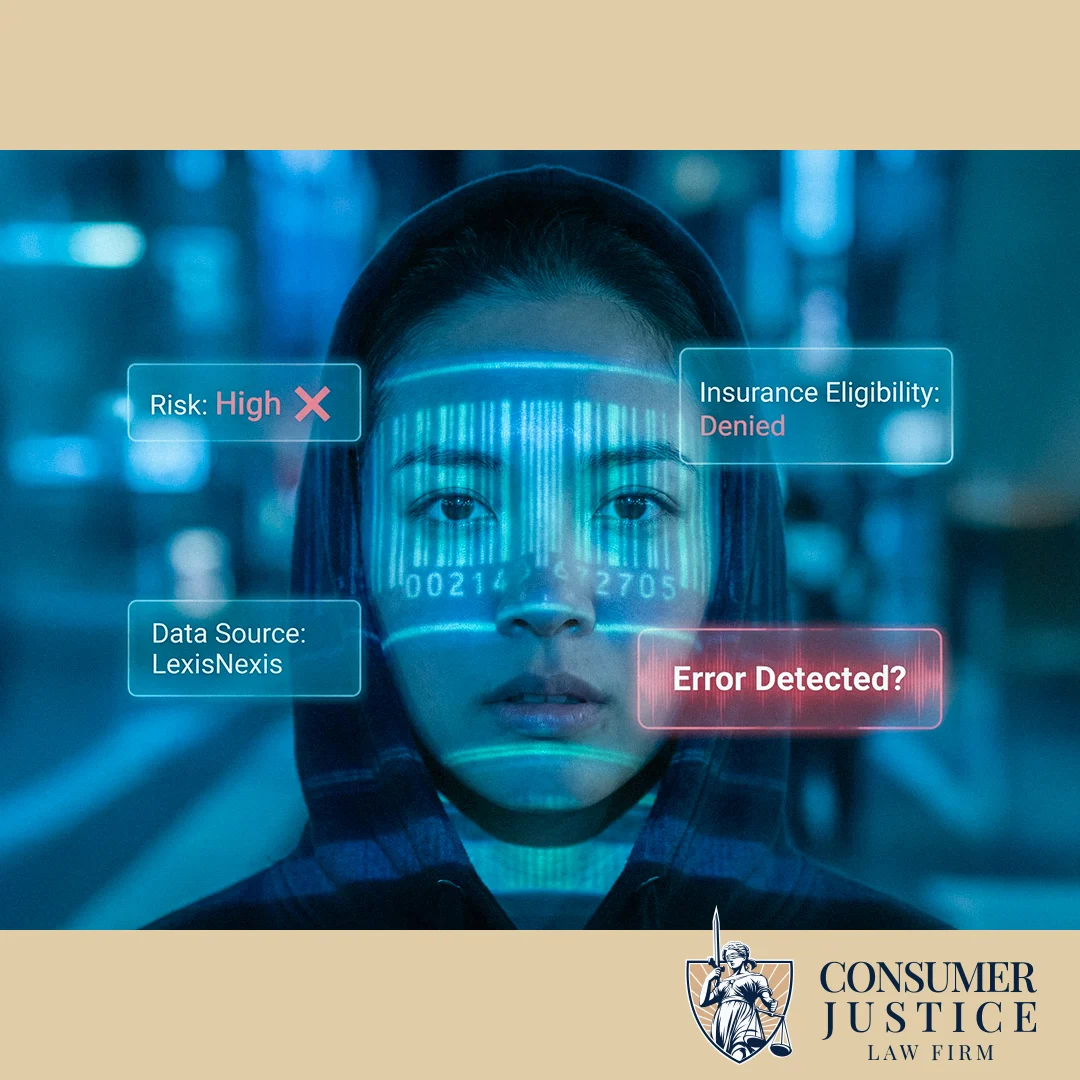A woman's face is covered by digital data lines, showing an error in her LexisNexis consumer report.