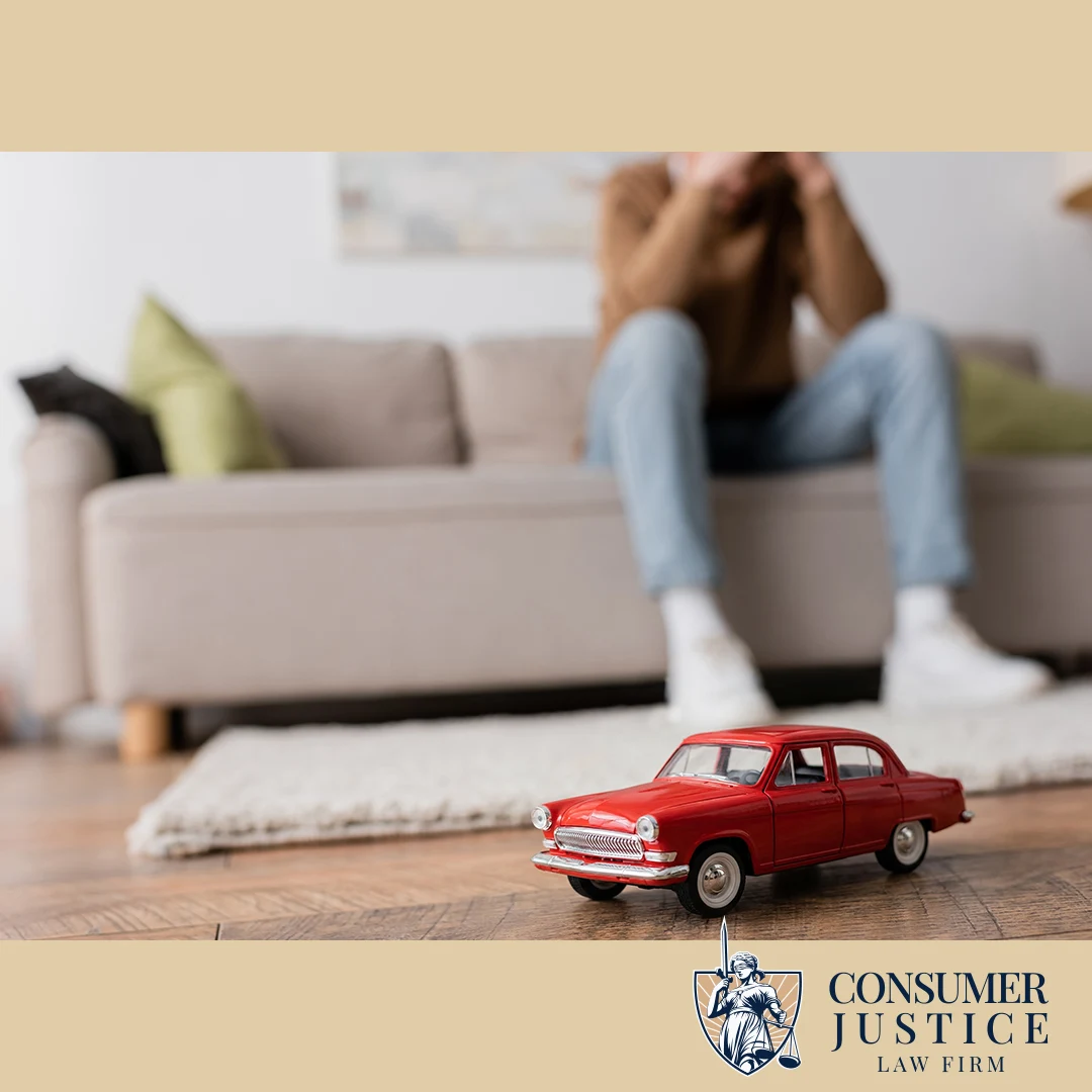 A man sulks near a small red car. It conveys the frustration of an unfair auto loan denial.