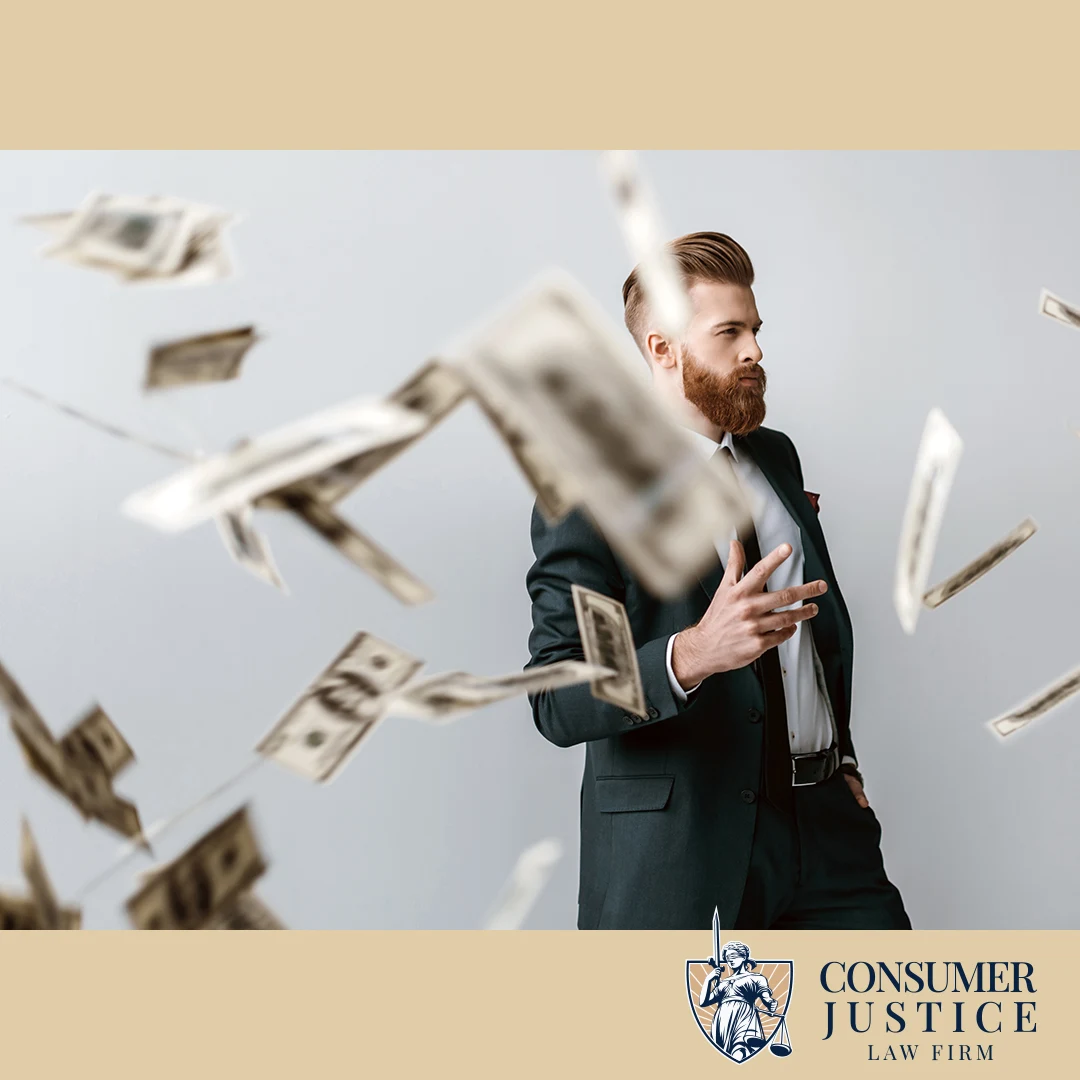 A smart looking lawyer throws a pile of cash. It conveys that fighting employment background check errors can pay.
