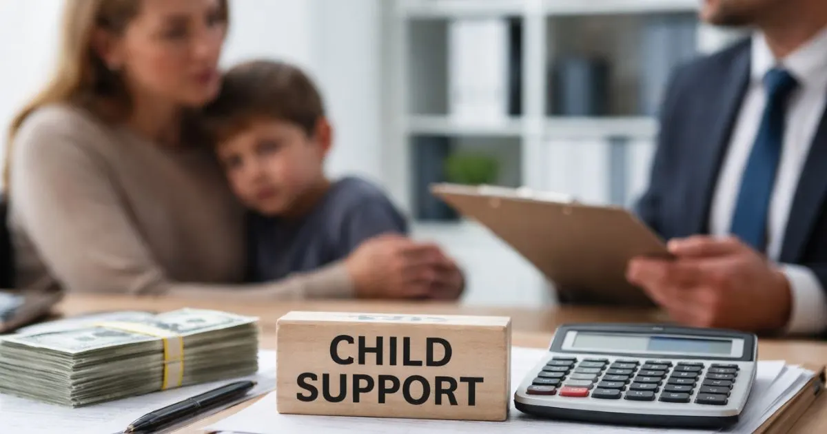 Mother holding her child while meeting with a caseworker about child support, with documents and a calculator on the desk in the foreground.