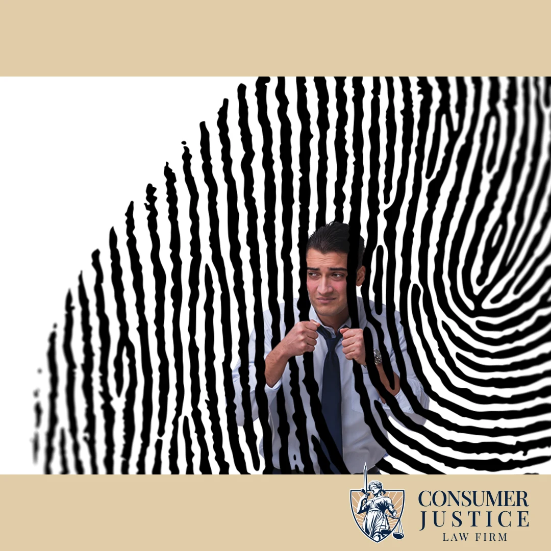A man is swallowed up by a fingerprint, implying the harm of criminal background check errors.