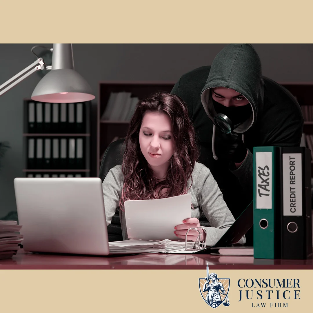 A woman working on her taxes is unaware of someone behind her, conveying tax identity theft.