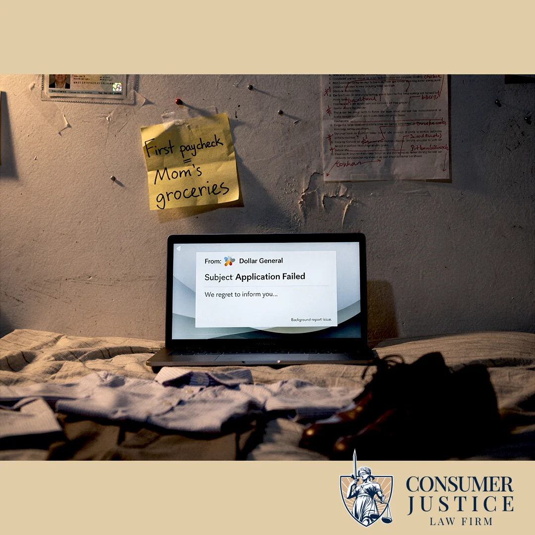 A laptop computer shows a rejected application for one of the Dollar General jobs.