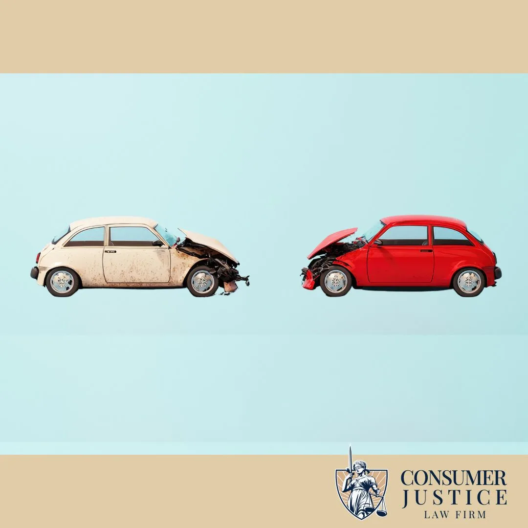 Two smashed toy cars indicate that a CLUE report can include false accident info.