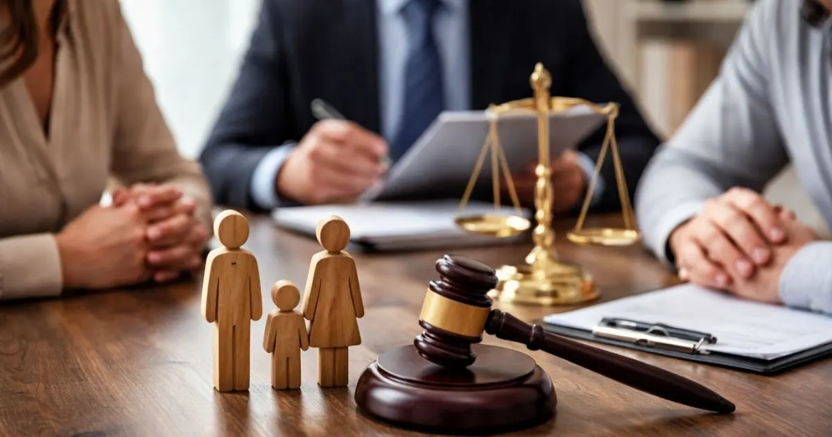 Child custody consultation with lawyer and parents at a desk.