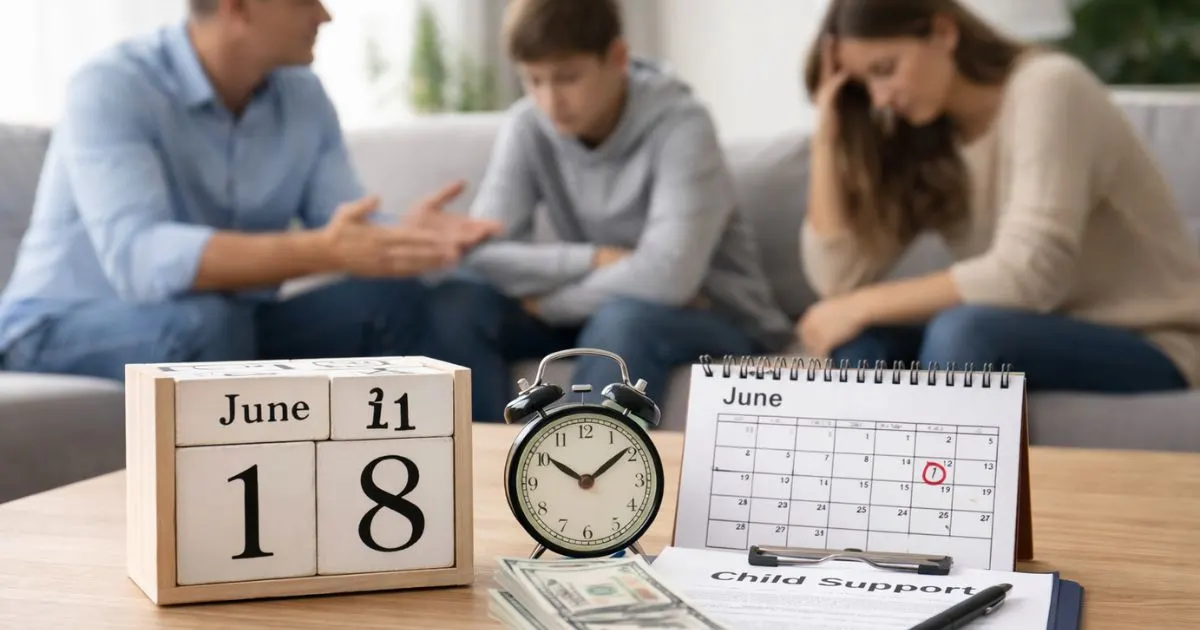 Child support papers with calendar, clock, and blurred family.