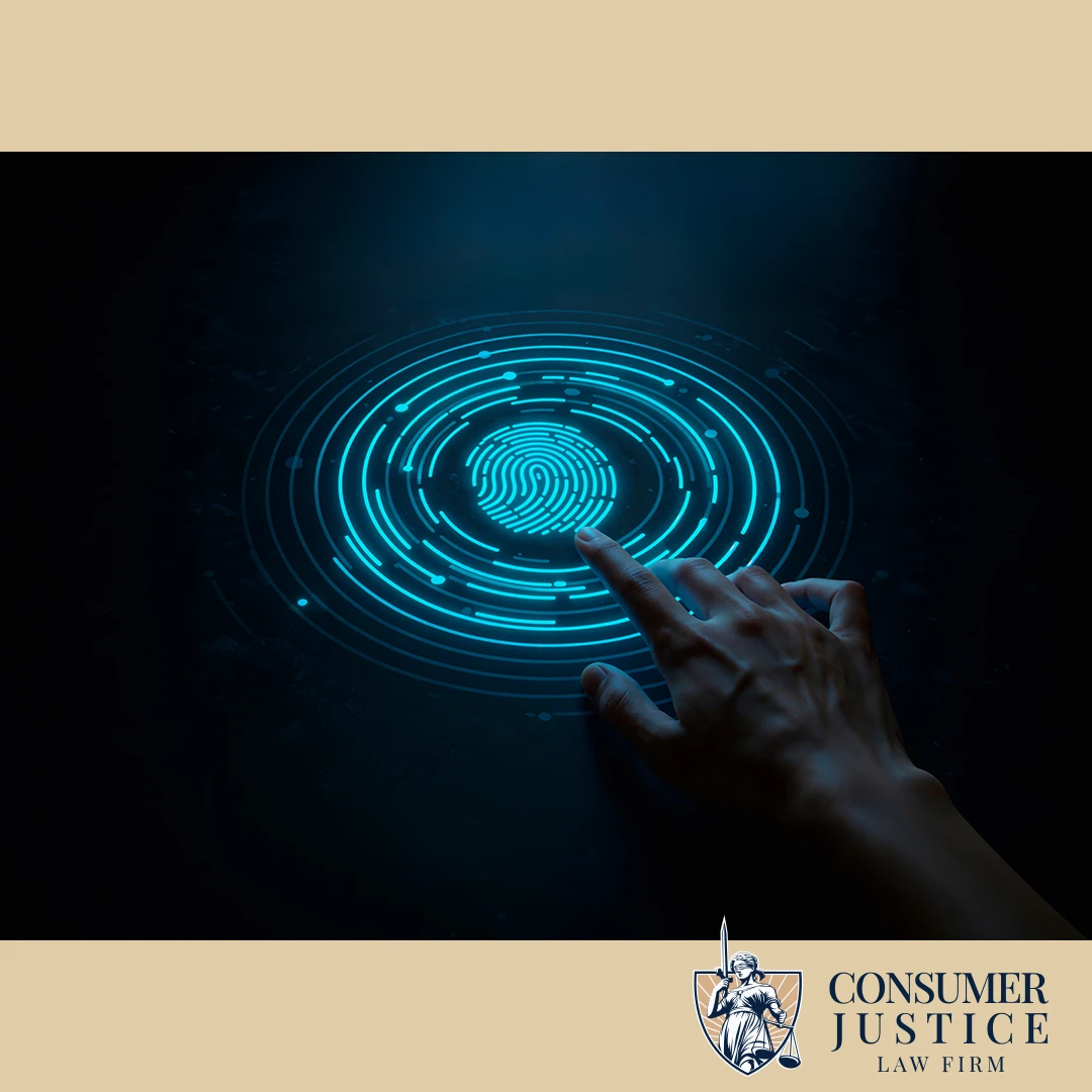 A hand touches a digital fingerprint. It conveys the seriousness of a Level 2 background check.