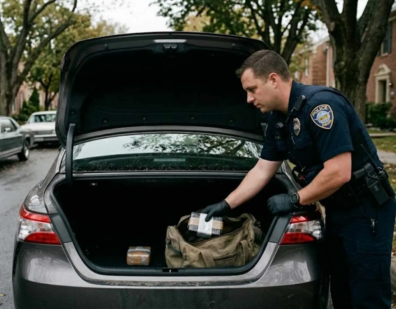 A police officer reaching into the open trunk of a car to pick up a wrapped package.