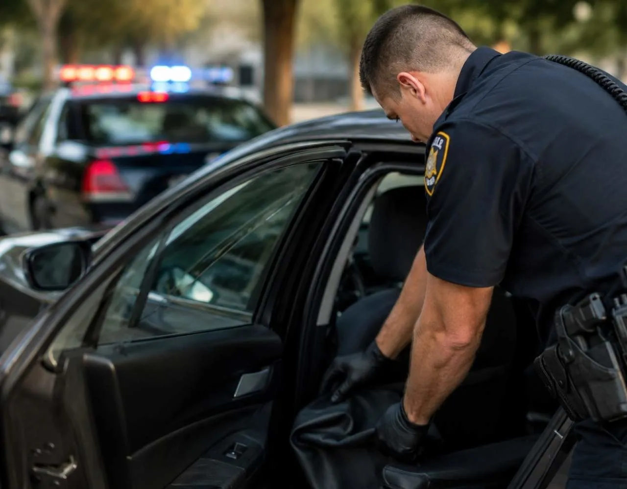 Police officer conducting a vehicle search during a traffic stop.