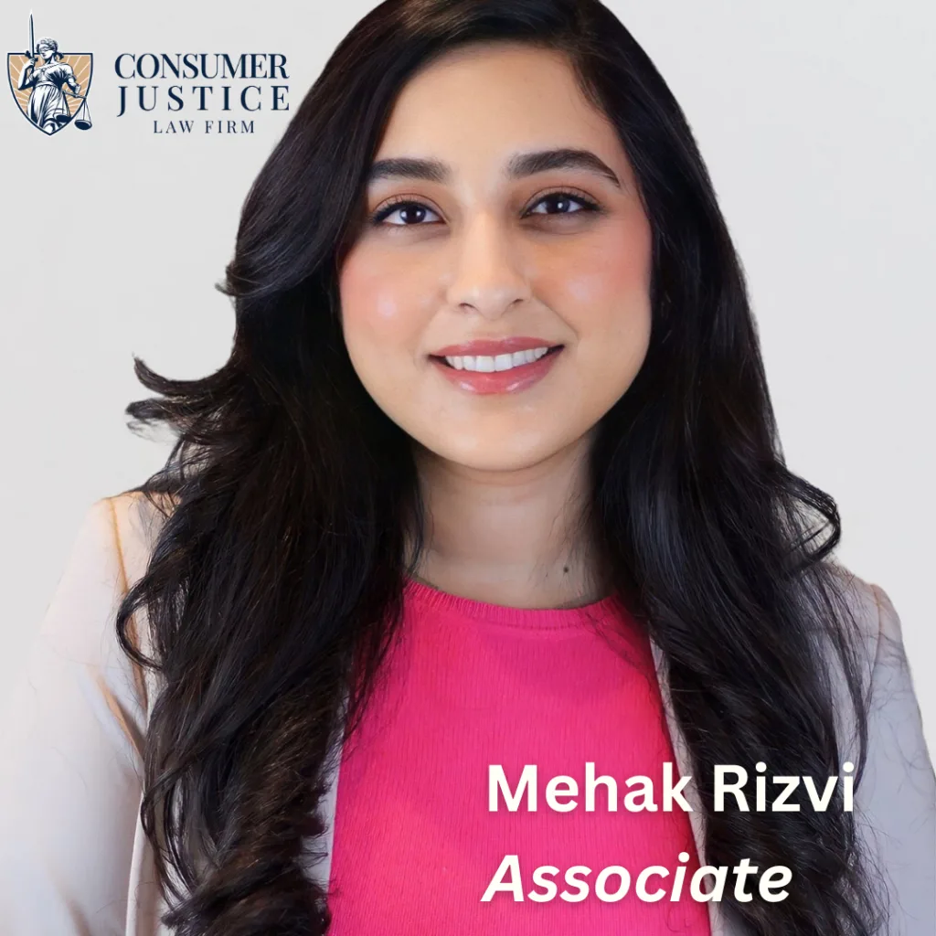 Headshot of a Consumer Justice Law firm consumer protection lawyer with the words "Mehak Rizvi, Associate" below and the firm logo in the upper left corner.