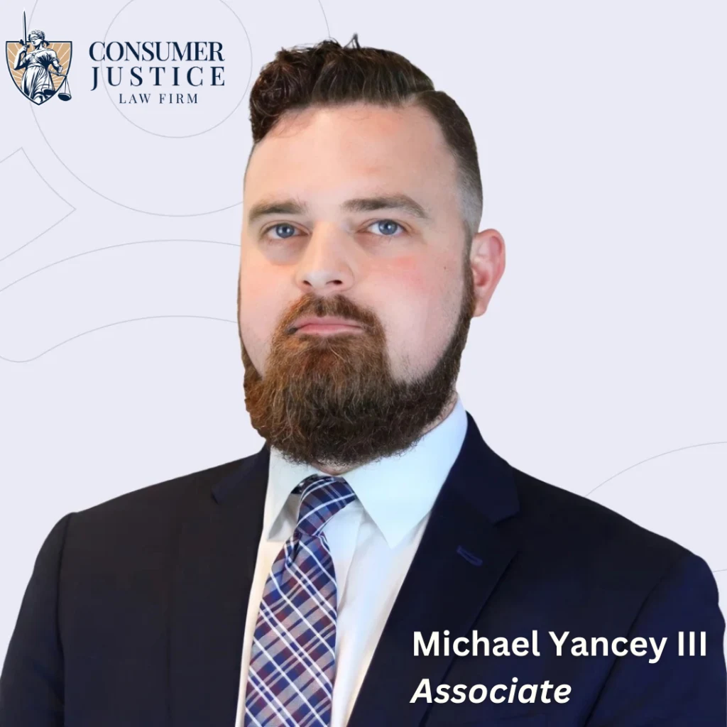 Headshot of Consumer Justice Law Firm associate attorney, Michael Yancey III, with his name in the lower right corner and the firm logo in the upper left corner.