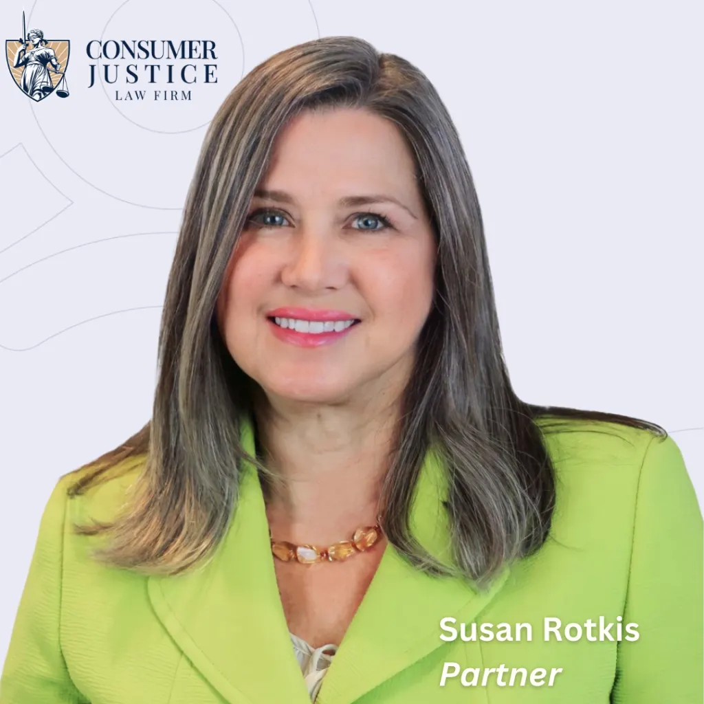 Headshot of Consumer Justice Law Firm partner, Susan Rotkis with her name in the lower right corner and the firm logo in the upper left corner.