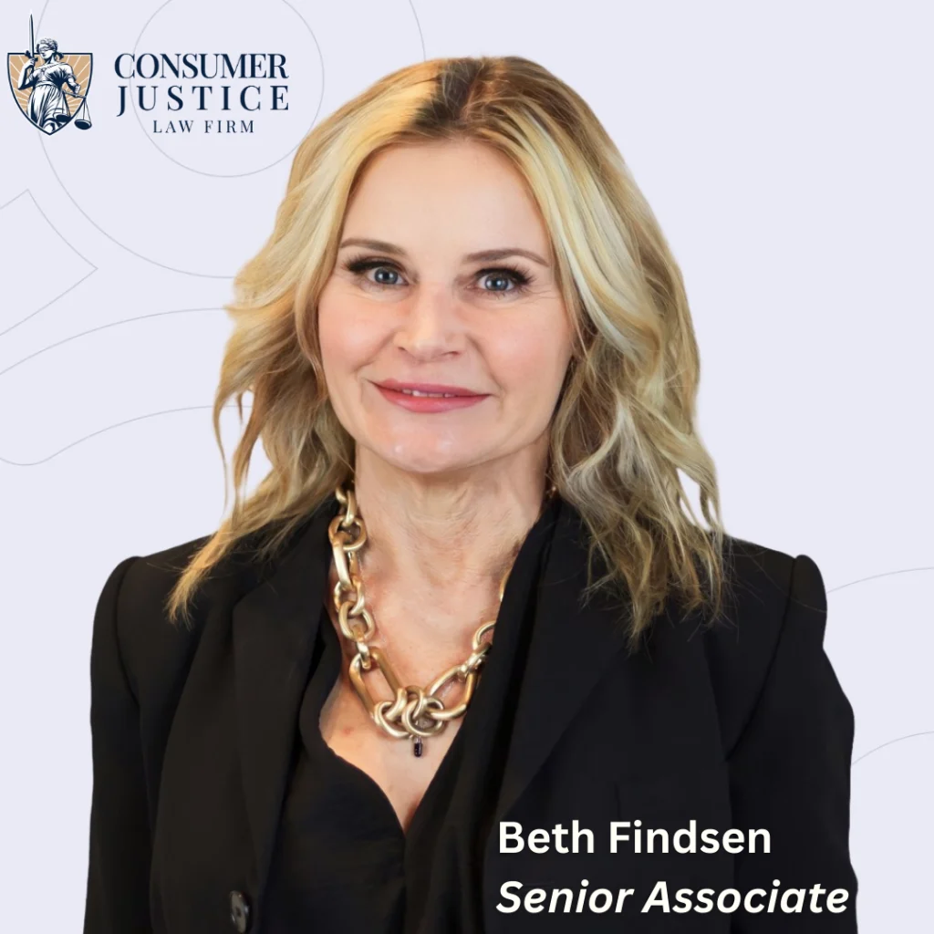 Headshot of Consumer Justice Law Firm senior associate, Beth Findsen with her name in the lower right corner and the firm logo in the upper left corner.