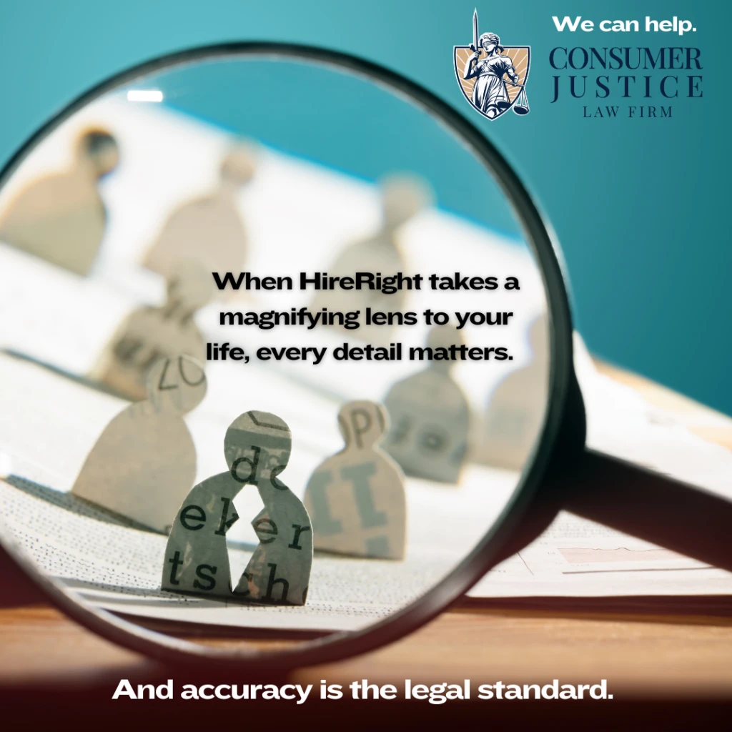 A magnifying lens brings small 3D human shapes into focus, including one in the immediate foreground that has a fracture in the middle and illegible text printed across it. A sentence appears in the middle of the image: "When HireRight takes a magnifying lens to your life, every detail matters." Another sentence appears across the bottom: And accuracy is the legal standard. The Consumer Justice Law Firm logo and the words "We can help" appear in the upper right corner, This image suggests the seriousness of HireRight background check errors.