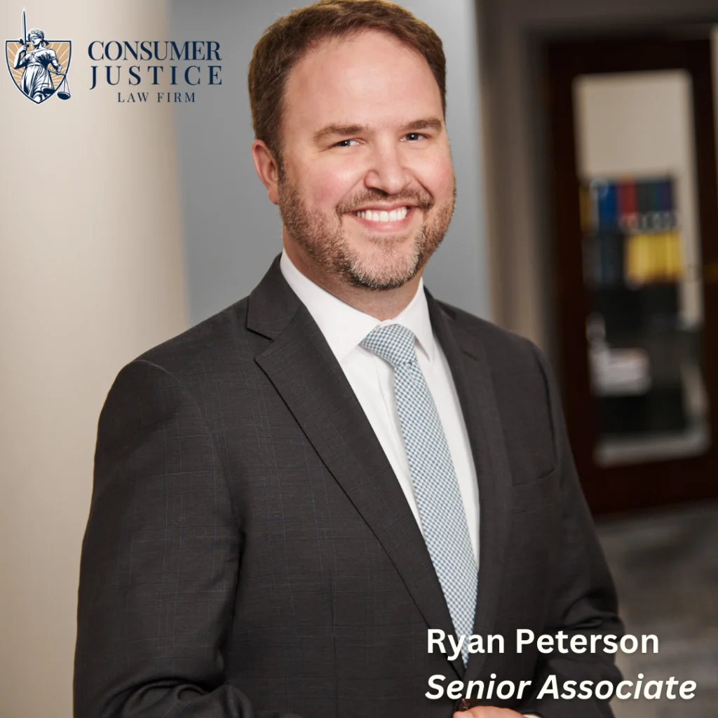 Headshot of Consumer Justice Law Firm Senior Associate Ryan Peterson who helps clients fight for fixes and compensation after an unfair DoorDash account deactivated status based on background check errors. His name, title, and the firm logo also appear as text.