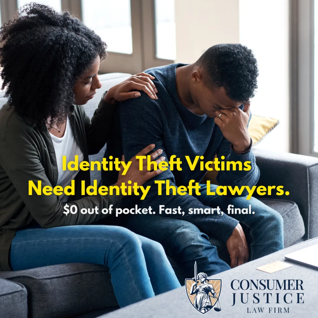 A man and woman sit on a sofa, his head is in his hand in a stressful pose, her hands are on his shoulder in a caring pose. Text across the middle says "Identity Theft Victims Need Identity Theft Lawyers. $0 out of pocket. Fast, smart, final." The Consumer Justice Law Firm logo appears in the bottom right corner. this image conveys the overwhelm and stress associated with identity theft and the strength of using a lawyer for identity theft recovery.