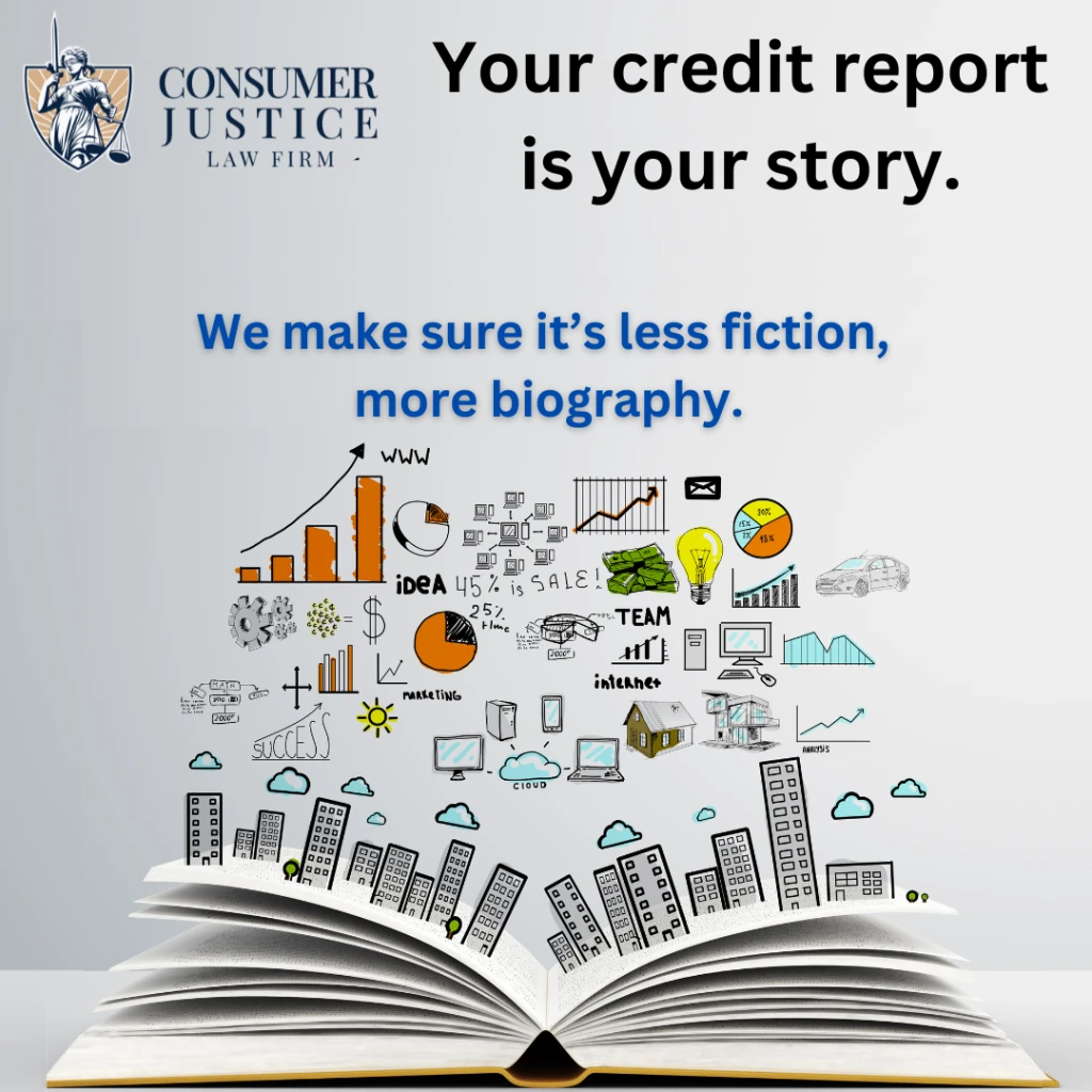 A book lays open on a flat surface with a diverse array of object seemingly flowing out of the pages into the air above the book. Graphs, lightbulbs, money, computers, houses, etc., are among the objects. Text above the book says "Your credit report is your story. We make sure it's less fiction, more biography." The Consumer Justice Law Firm logo also appears. This image is a playful take on the idea of how credit reporting errors are inaccurate reflection of someone's reality and how Consumer Justice Law Firm can help correct the story.