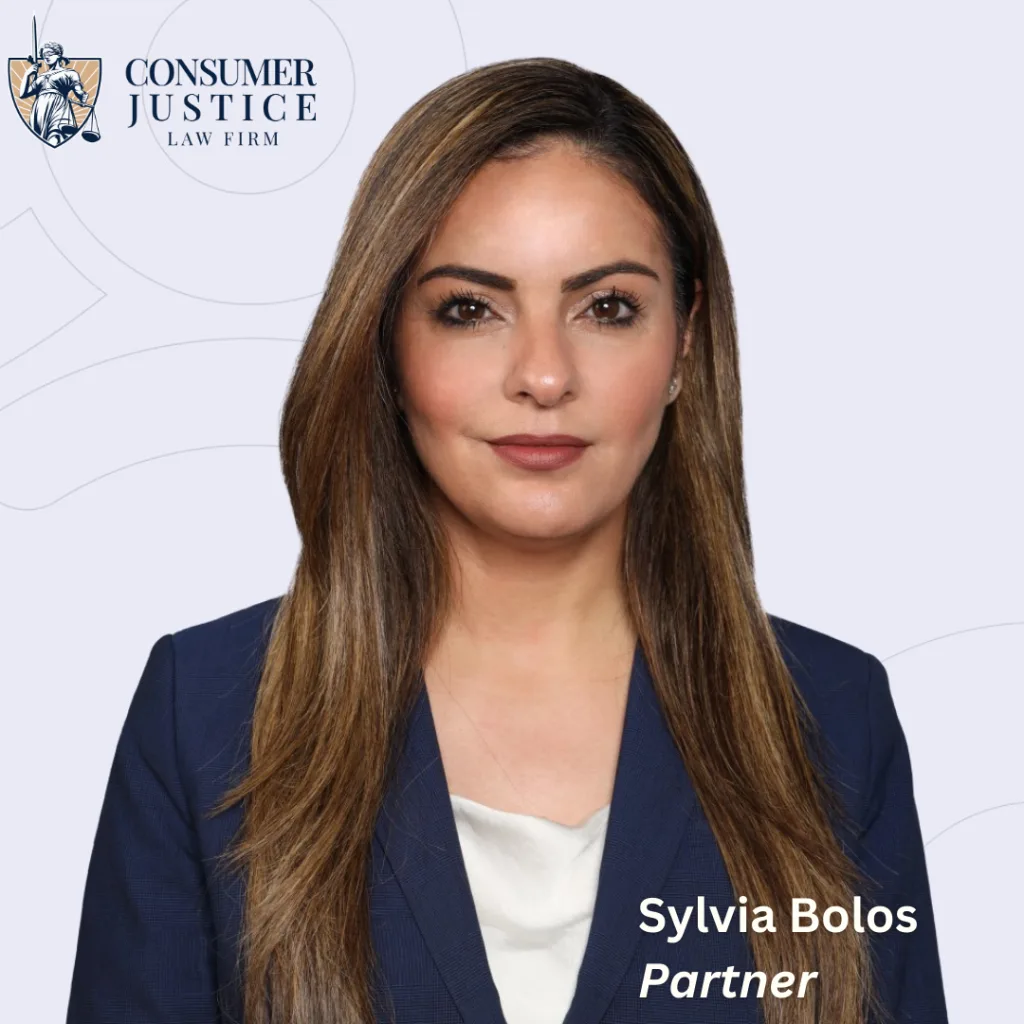 Headshot of Consumer Justice Law Firm partner Sylvia Bolos with her name and title and the Consumer Justice logo. As a debt collector harassment attorney, Sylvia battles unscrupulous debt collection practice on behalf of her clients.