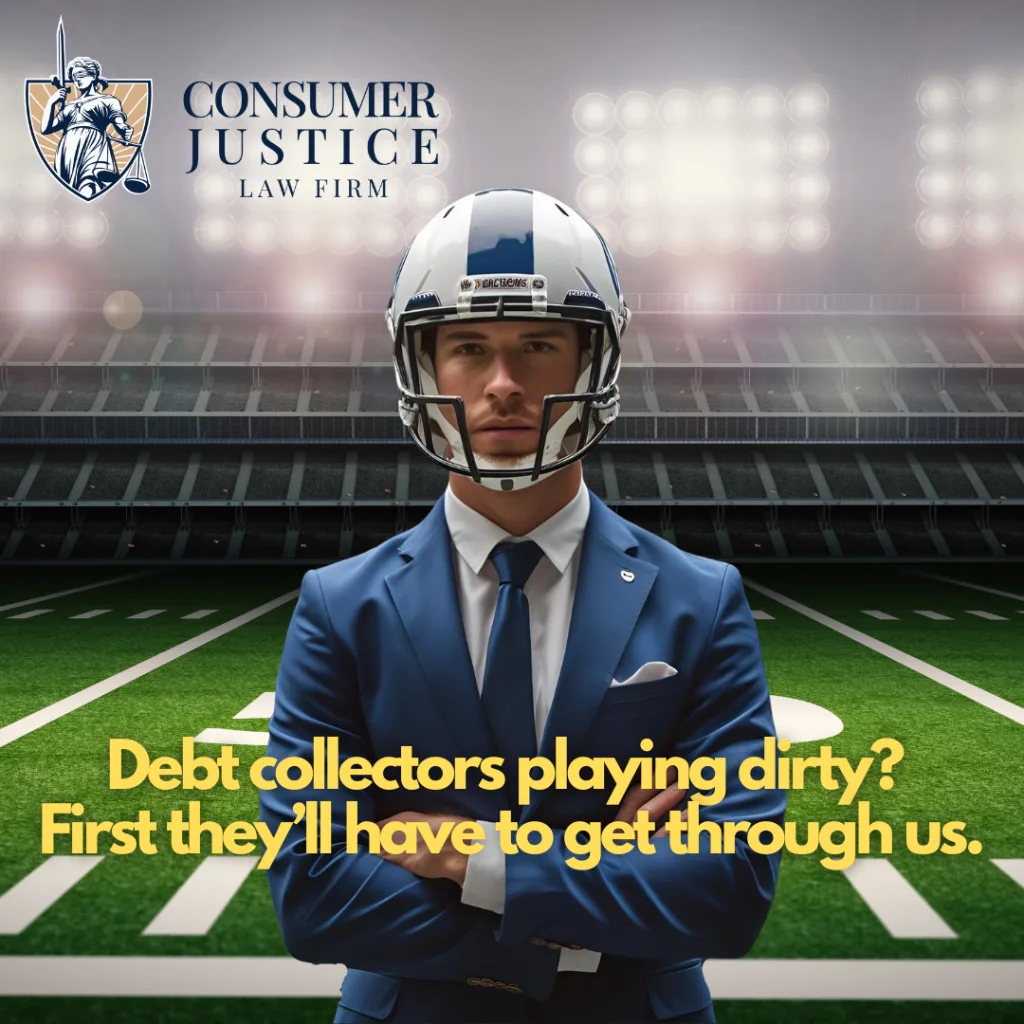 A lawyer wears a football helmet and a suit and tie. It conveys the legal strength and power of our debt collector harassment attorneys.