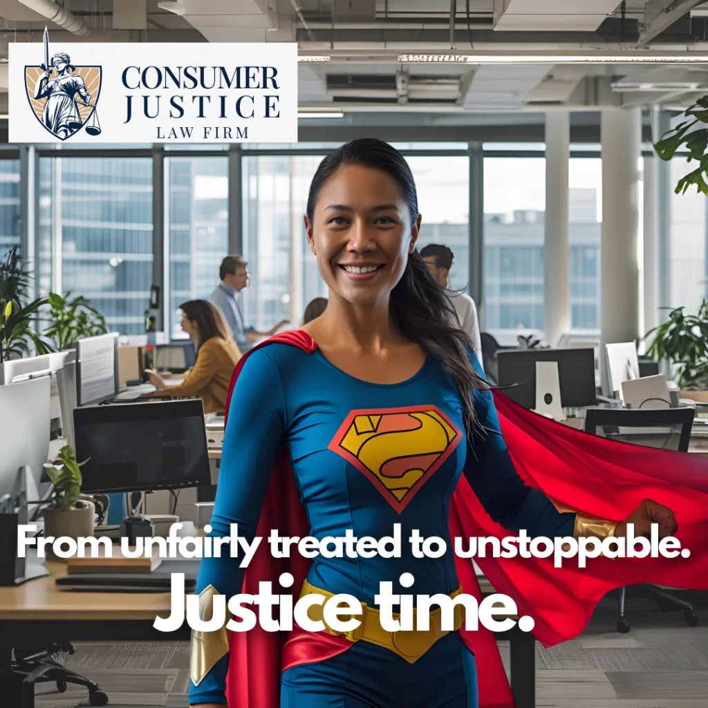 A woman in a superhero costume stands near her desk in a busy office space, with colleagues working in the background. Text says "From unfairly treated to unstoppable. Justice time." The Consumer Justice Law Firm logo appears in the corner. The image conveys the empowerment that happens when someone hires an employment discrimination lawyer to fight back against injustice.