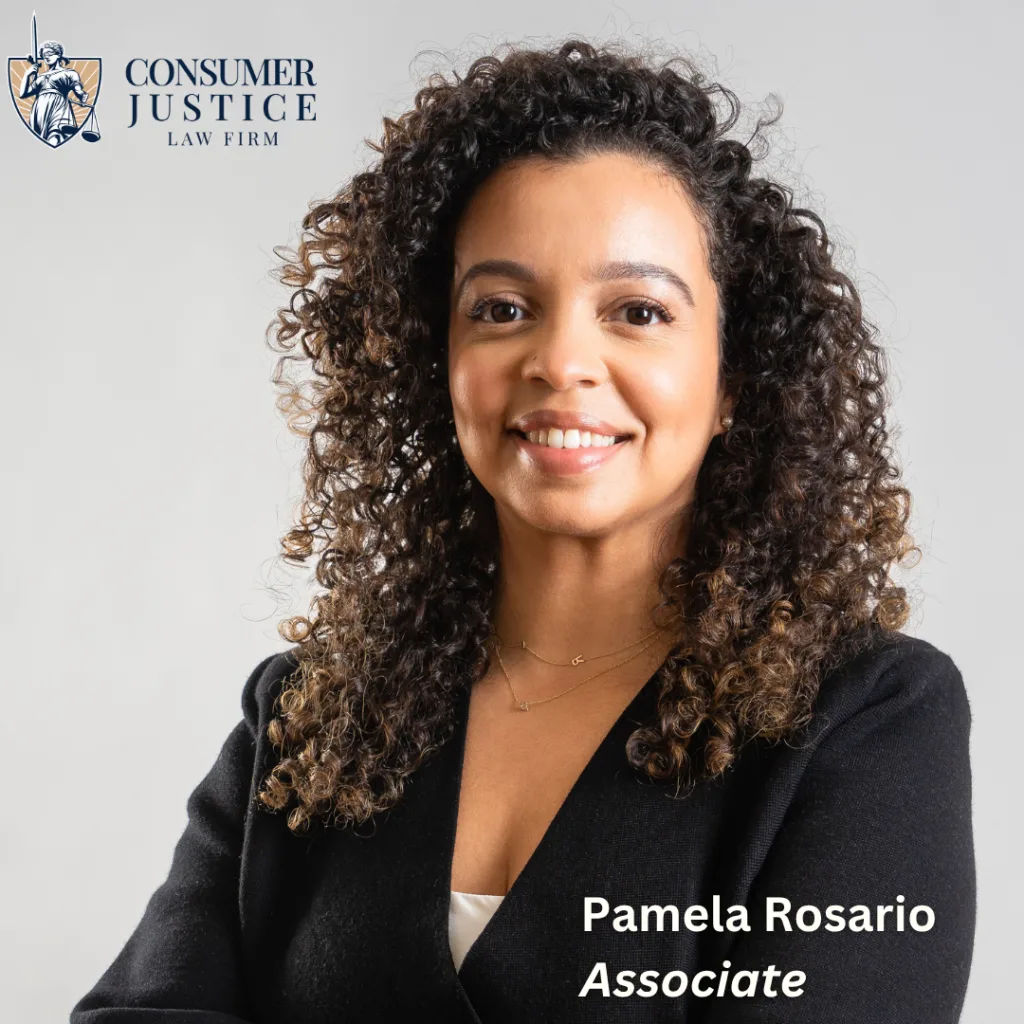 Headshot of Consumer Justice Law Firm associate attorney Pamela Rosario who helps clients as an employment discrimination lawyer.