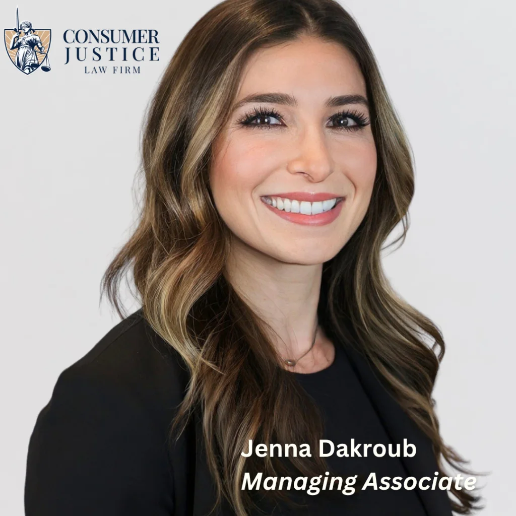 Headshot of Consumer Justice Law Firm managing associate Jenna Dakroub who serves clients as a consumer protection attorney.
